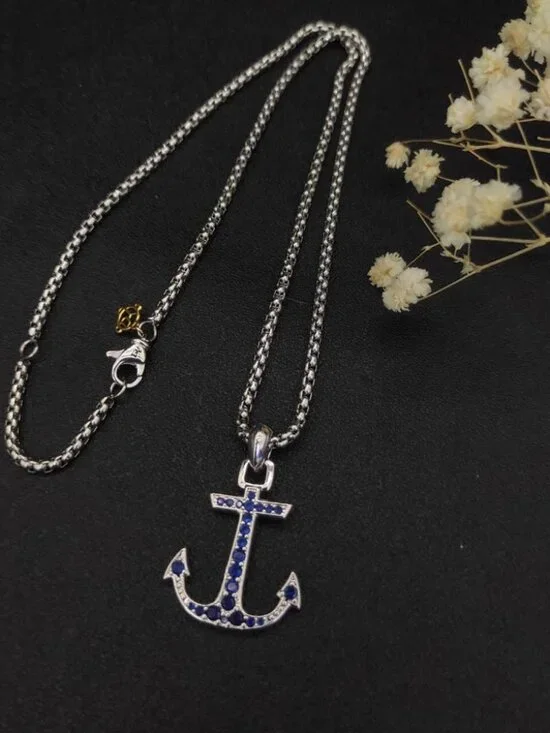 David Yurman 925 Silver Sapphire Anchor Necklace with Original Pouch - Picture 4 of 4